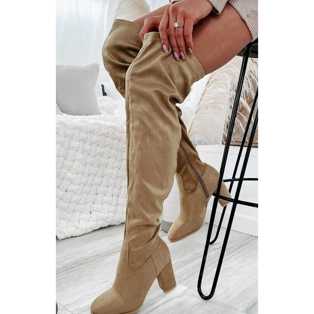 Guess Over Knee Boots Sz 8 TAN Nude High Block Heel Gold Zip w BOX Dressy Glam